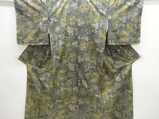 アンティーク　屏風に草花模様本場大島紬着物(染)